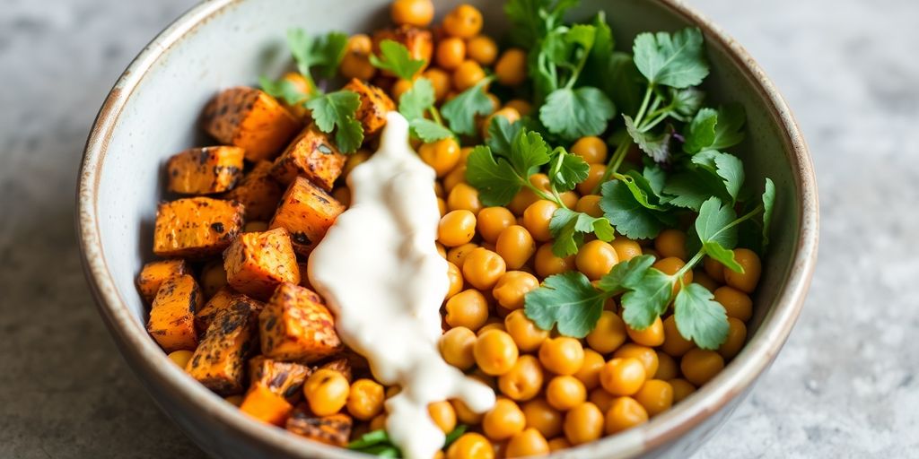 Gesunde Buddha Bowl mit Süßkartoffeln und Kichererbsen