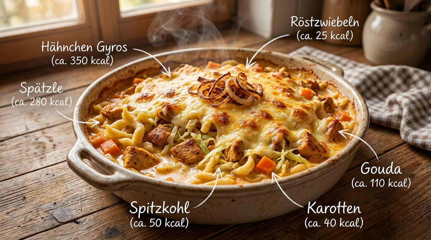 Gyros-Spätzle-Auflauf mit Hähnchen und Spitzkohl – cremiges Ofenglück für den Feierabend