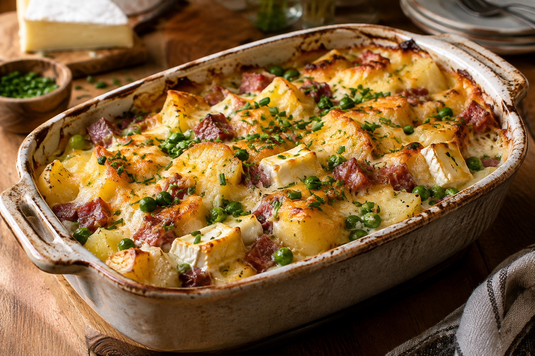 Kartoffelauflauf mit Salami, Brie und Erbsen: Mein cremiges Feierabend-Wunder