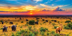 Afrikanische Wildnis mit Tieren und beeindruckenden Landschaften.