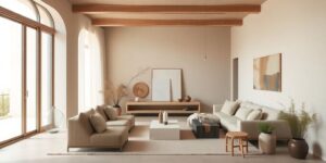 Minimalist Wohnraum mit natürlichem Licht und erdigen Tönen.