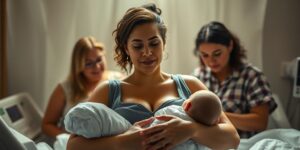 Starke Frau bei der Geburt, umgeben von Unterstützung.