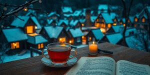 Gemütliche Szene mit verschneiten Dächern und einer Teetasse.