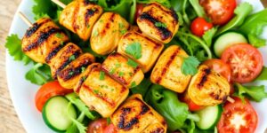 Gegrillte Hähnchenspieße mit buntem Salat auf einem Teller.
