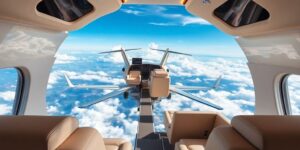 Luxusjet über traumhaften Landschaften mit eleganter Innenausstattung.