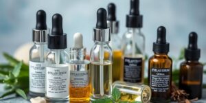 Nahaufnahme von Wimpernseren und natürlichen Inhaltsstoffen.