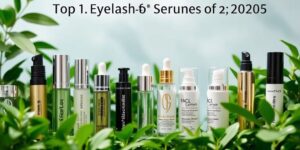 Elegante Wimpernseren in schönen Flaschen auf grünem Hintergrund.