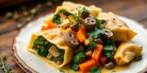 Bunte Maultaschen gefüllt mit frischem Gemüse auf einem Teller.