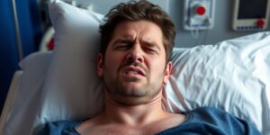 Jason Tartick in hospital bed, displaying severe back pain.