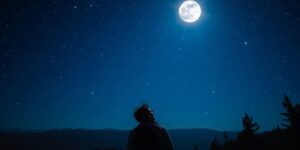 Sternenhimmel mit Reisendem unter dem Mondlicht.