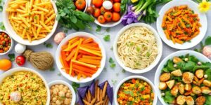 Bunte vegetarische Gerichte auf einem festlichen Tisch.