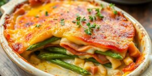 Leckeres Spargel-Schinken-Gratin auf einem rustikalen Tisch.