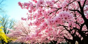 Kirschblüte in voller Blüte, rosa Blüten in einem Park.