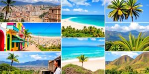 Bunte Collage aus Städten, Stränden und Landschaften Kolumbiens.