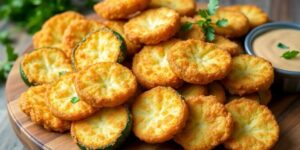 Köstliche Zucchini im Teigmantel auf einem Teller.