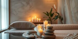 Entspannende Spa-Umgebung mit Kerzen und grünen Pflanzen.