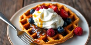 Leckere Waffel mit Beeren und Sahne auf Holzuntergrund.
