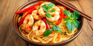 Leckere gebratene Nudeln mit Garnelen auf einem Teller.