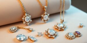 Elegante Anordnung von Luxusschmuckstücken mit Diamanten.