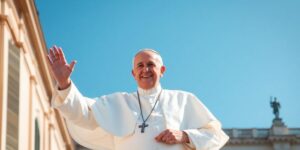 Papst Franziskus auf dem Balkon, lächelnd und winkend.