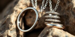 Elegante Edelstahlschmuckstücke auf natürlichem Hintergrund.