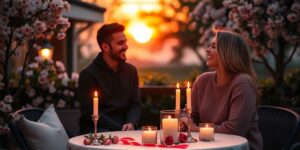 Romantisches Abendessen bei Sonnenuntergang für ein erstes Date.