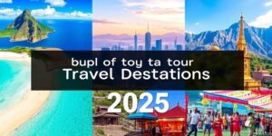 Beliebte Reiseziele 2025 in einer bunten Collage.
