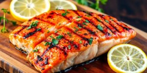 Gegrilltes Lachssteak mit Kräutern und Zitronenscheiben.