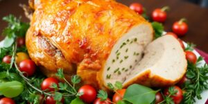 Gefüllter Rollbraten mit buntem Gemüse für Festtage.