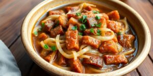 Bigos in a rustic bowl auf einem Holzuntergrund.