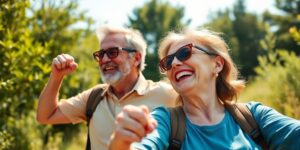 Ein glückliches Paar in der Natur, Lebensfreude ausstrahlend.