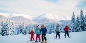 Familien beim Skifahren in einer verschneiten Landschaft.