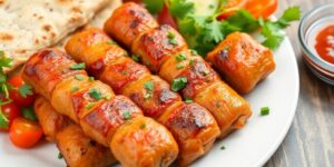 Grillierte Cevapcici mit frischem Gemüse und Fladenbrot.