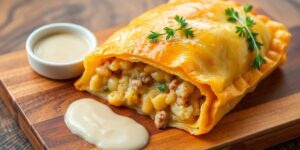 Leckerer Sauerkrautstrudel auf einem Holzbrett serviert.