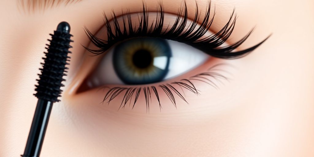 Nahaufnahme von Wimpern mit Mascara und einem Wimpernbürstchen.