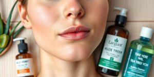 Helle Haut mit Pflegemitteln auf Holzuntergrund.