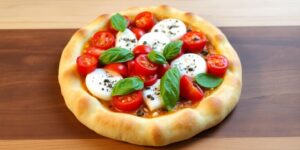 Ein Teller mit köstlicher Pinsa Romana, frisch belegt.