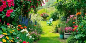 Vibrante Gartenlandschaft mit bunten Blumen und Grün.
