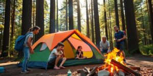 Familie beim Zelten mit Kindern im Wald.