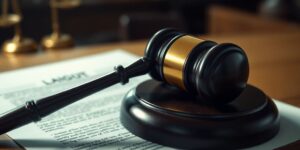 Richterhammer auf juristischen Dokumenten im Gerichtssaal.