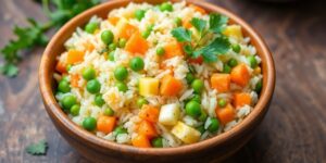 Bunte Schüssel mit köstlichem Gemüsereis und Kräutern.