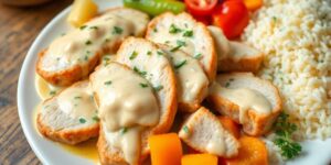 Leckeres Putengeschnetzeltes mit Gemüse und Reis.