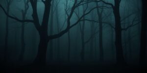 Dunkler Wald in Masuren, geheimnisvolle Atmosphäre, mysteriöse Figur.