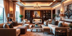 Luxuriöse Einrichtung mit eleganten Möbeln und sanfter Beleuchtung.