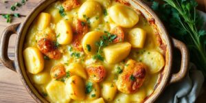 Kartoffel-Kohrabi-Auflauf in einer rustikalen Keramikschüssel.