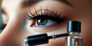 Nahaufnahme von Wimpern und Wimpernserum Flasche.