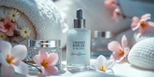 Luxuriöse Hautpflegeprodukte auf weichem, elegantem Hintergrund.