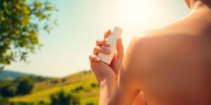 Person sunscreening in bright sunny outdoor setting.