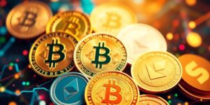 Bunte digitale Münzen auf lebendigem Hintergrund.