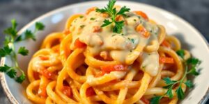 Bowl mit Bandnudeln und Sellerie-Möhren-Sauce.